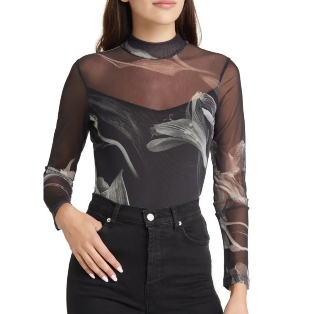 All Saints Black Sheer Floral-Print Long-Sleeve Bodysuit